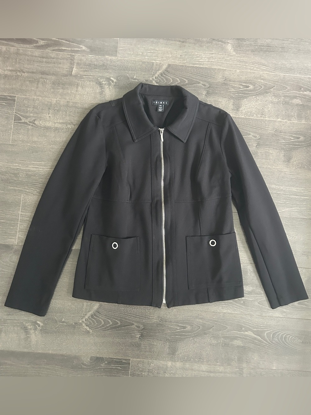 TRIBAL Black Full Zip Stretch Knit Blazer Jacket Workwear Office Size P/S